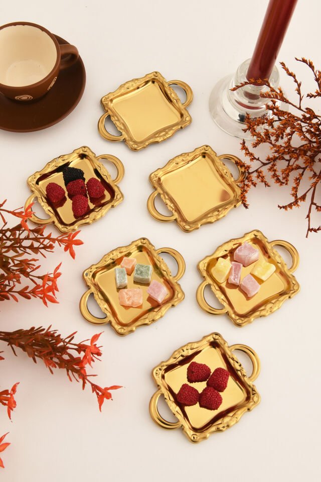 Tador Kulplu Minimal Kahve Yanı Kare Sunumluk Gold 6 Lı Takım