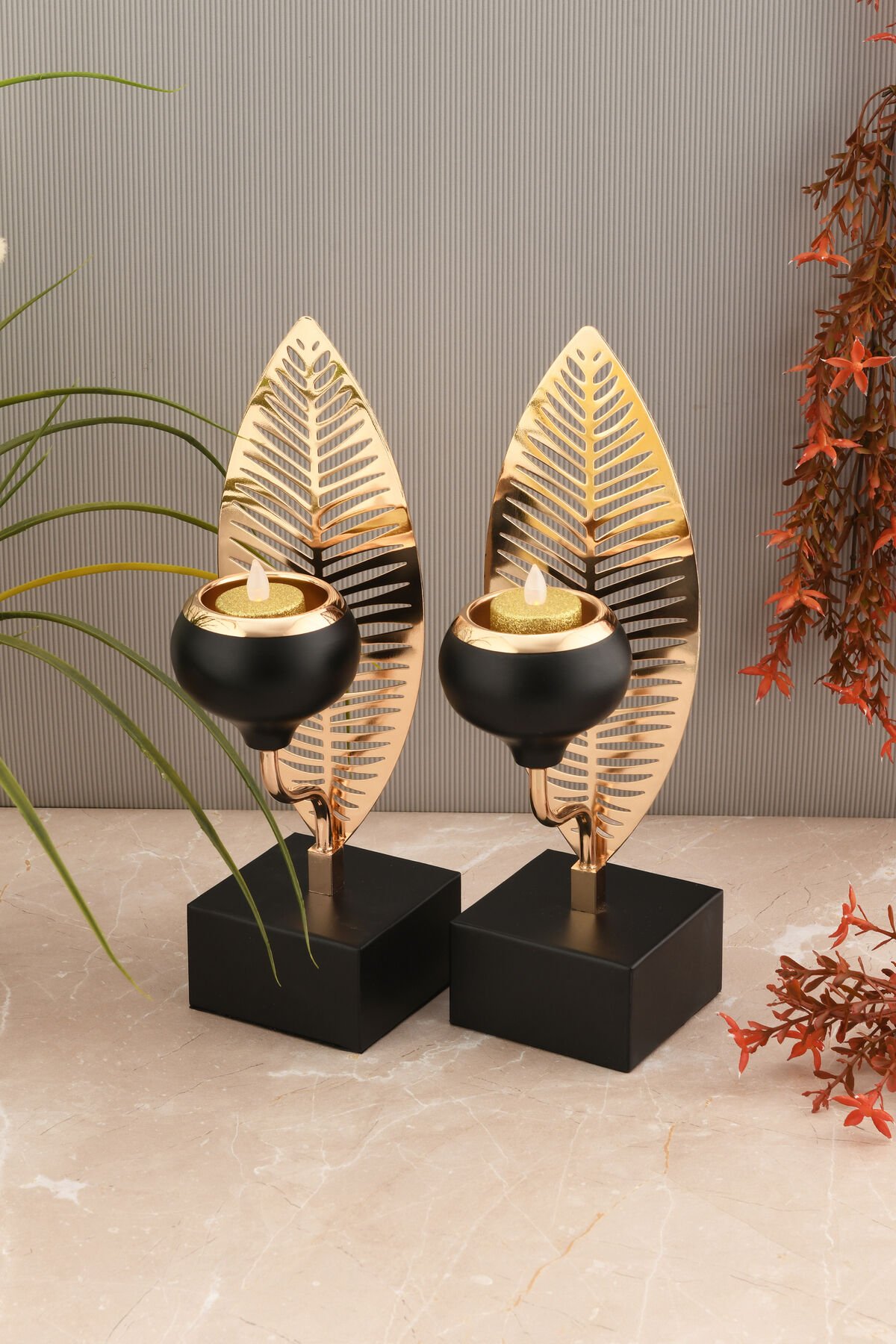 Bianco Dekoratif Yaprak Detaylı 2'li Şamdan