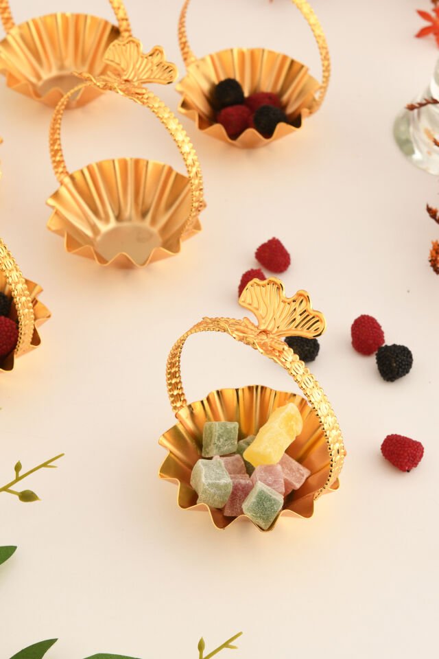 Teris'S Gold 6'lı Set Şekerlik Lokumluk Çerezlik Kahve Yanı Sunumluk Dekoratif Kulplu Kase