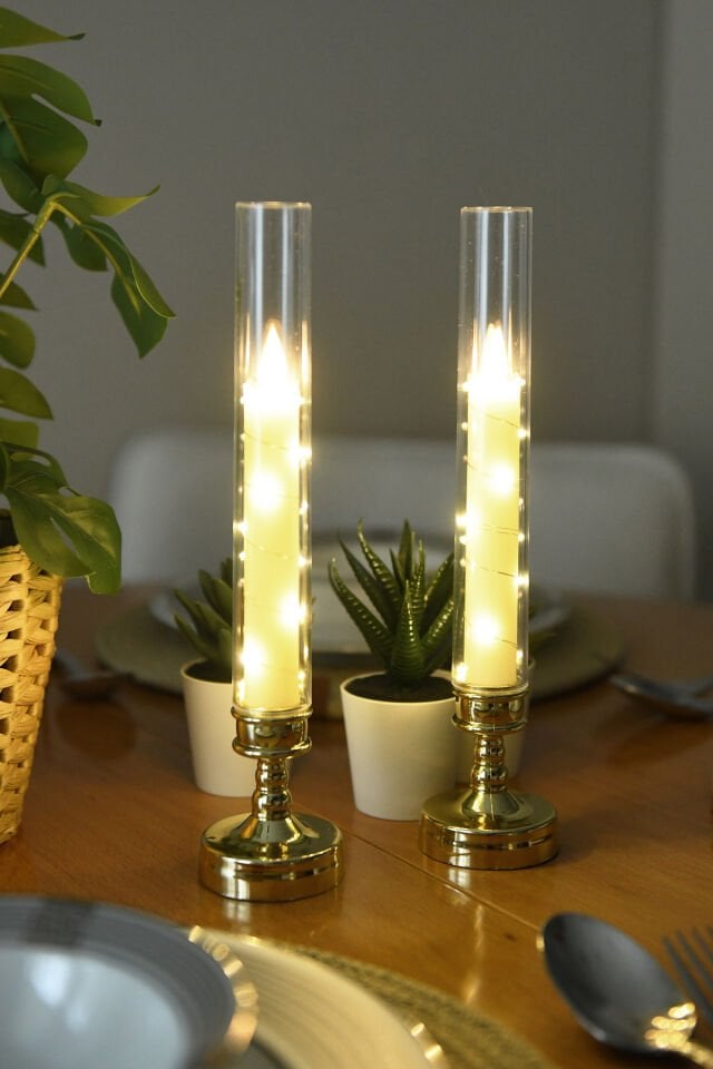 Lumox Gold Peri Led Işıklı Mum Görünümlü Pilli Şamdan Dekoratif Aydınlatma Obje Masa Lambası