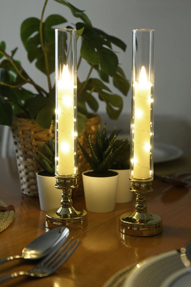 Lumox Gold Peri Led Işıklı Mum Görünümlü Pilli Şamdan Dekoratif Aydınlatma Obje Masa Lambası