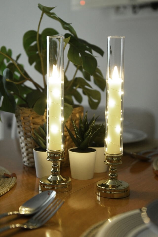 Lumox Gold Peri Led Işıklı Mum Görünümlü Pilli Şamdan Dekoratif Aydınlatma Obje Masa Lambası