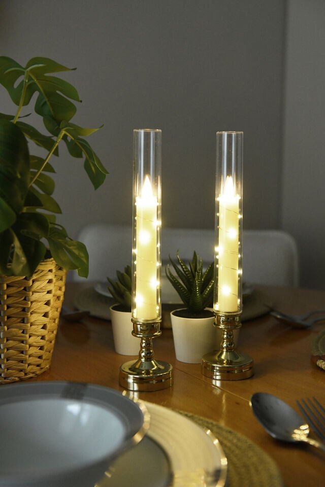 Lumox Gold Peri Led Işıklı Mum Görünümlü Pilli Şamdan Dekoratif Aydınlatma Obje Masa Lambası