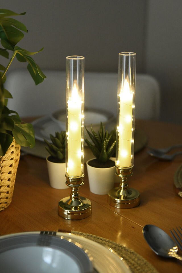 Lumox Gold Peri Led Işıklı Mum Görünümlü Pilli Şamdan Dekoratif Aydınlatma Obje Masa Lambası
