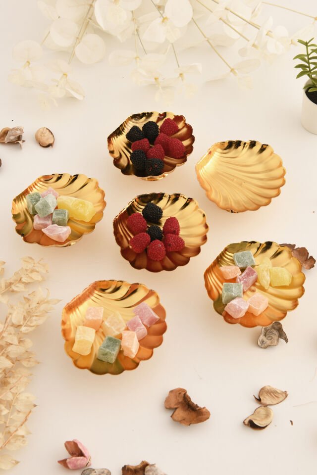 Ernis 6 Parça Şekerlik Lokumluk Gold Ayaklı Yuvarlak Sunum Tabağı Sofra Takımı İkram Misafir Servis