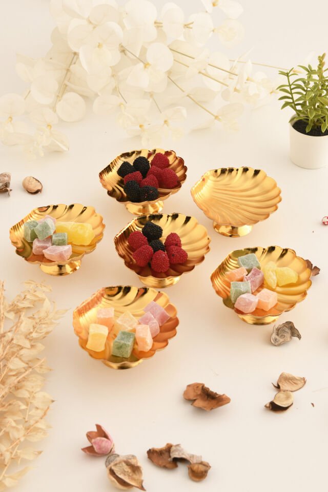 Ernis 6 Parça Şekerlik Lokumluk Gold Ayaklı Yuvarlak Sunum Tabağı Sofra Takımı İkram Misafir Servis