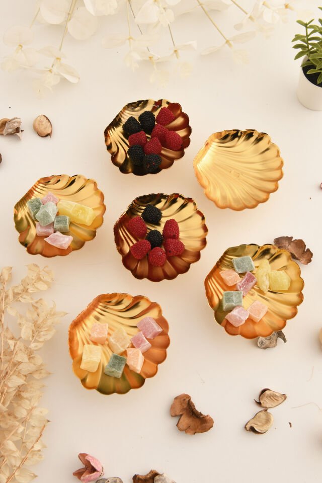 Ernis 6 Parça Şekerlik Lokumluk Gold Ayaklı Yuvarlak Sunum Tabağı Sofra Takımı İkram Misafir Servis