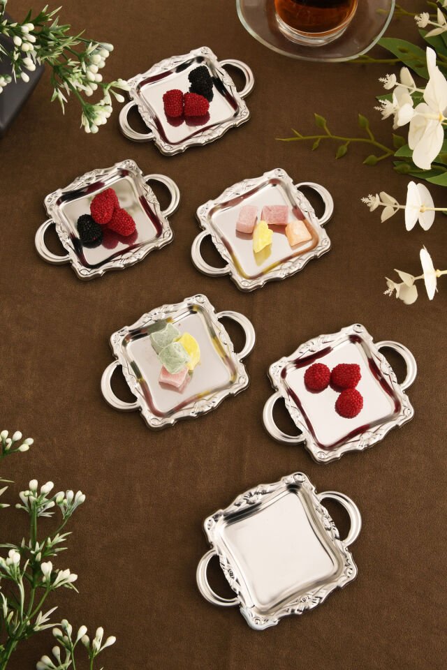 Tados 6 Parça Kahve Yanı Sunumluk Gümüş Kare Sunum Tabağı Sofra Takımı İkram Misafir Servis