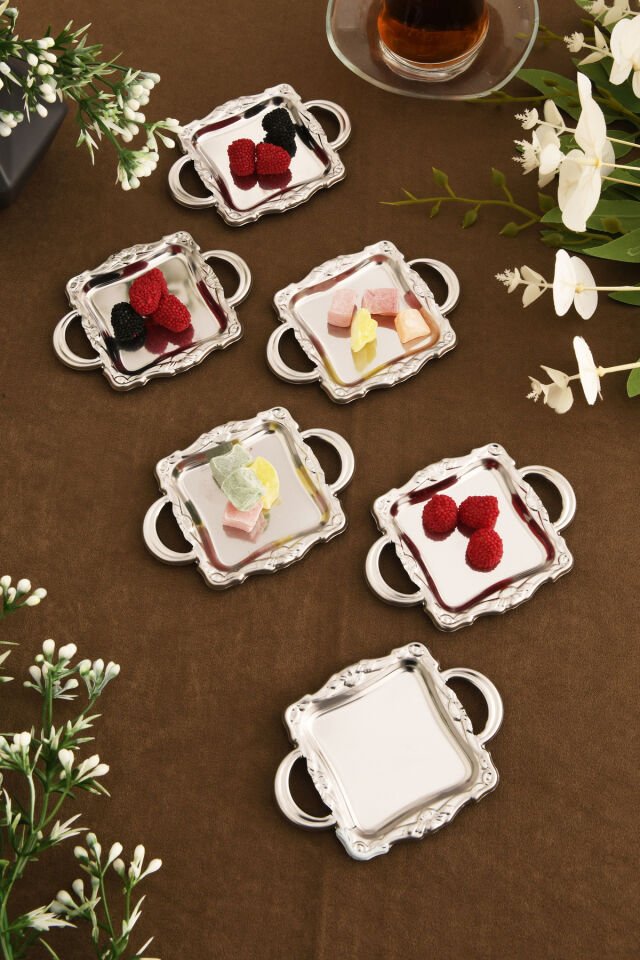 Tados 6 Parça Kahve Yanı Sunumluk Gümüş Kare Sunum Tabağı Sofra Takımı İkram Misafir Servis