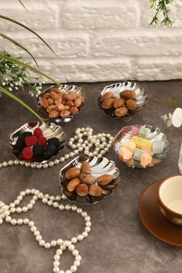 Ernis 6 Parça Şekerlik Lokumluk Ayaklı Yuvarlak Sunum Tabağı Sofra Takımı İkram Misafir Servis