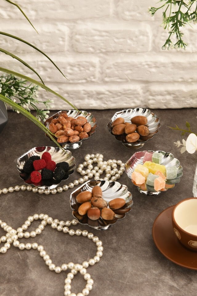 Ernis 6 Parça Şekerlik Lokumluk Ayaklı Yuvarlak Sunum Tabağı Sofra Takımı İkram Misafir Servis