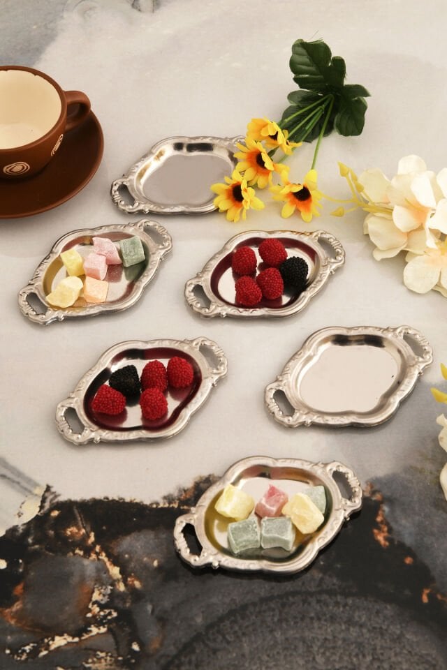 Enzi 6 Parça Kahve Yanı Sunumluk Kulplu Oval Minimal Sunum Tabağı Sofra Takımı İkram Misafir Servis