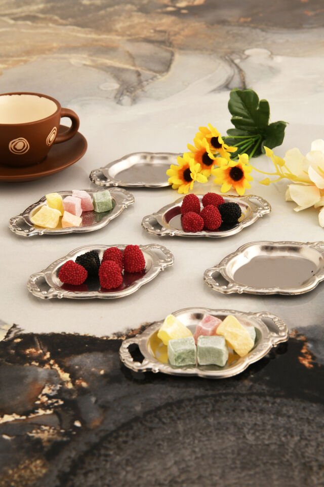 Enzi 6 Parça Kahve Yanı Sunumluk Kulplu Oval Minimal Sunum Tabağı Sofra Takımı İkram Misafir Servis