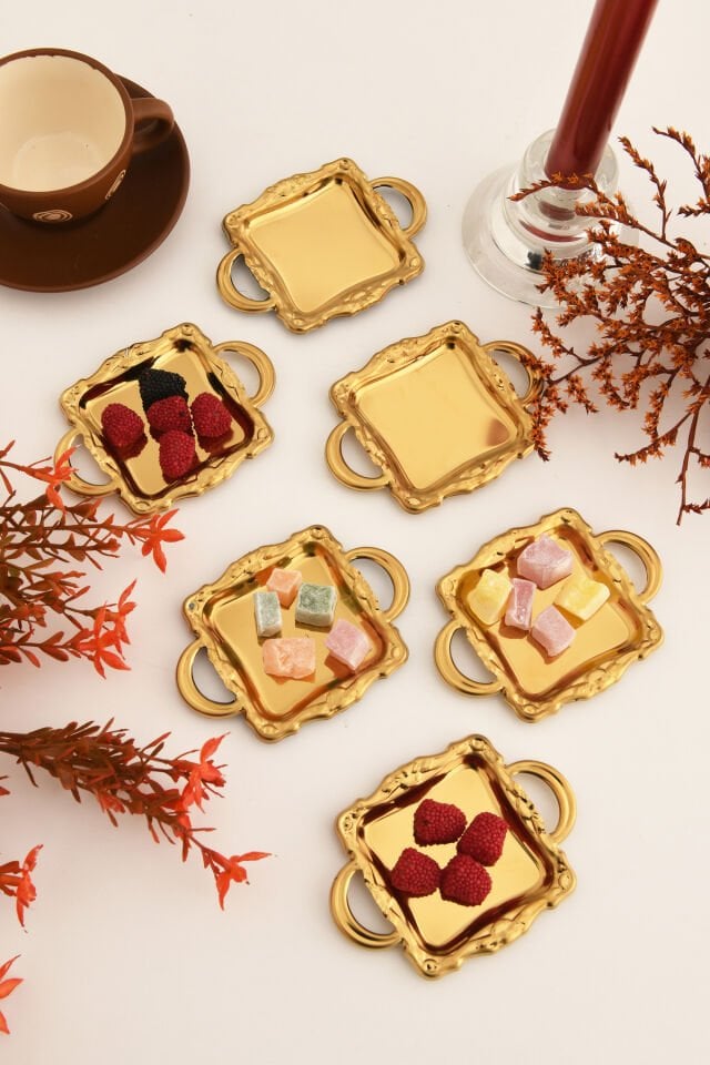 Tados 6 Parça Kahve Yanı Sunumluk Gold Kare Sunum Tabağı Sofra Takımı İkram Misafir Servis