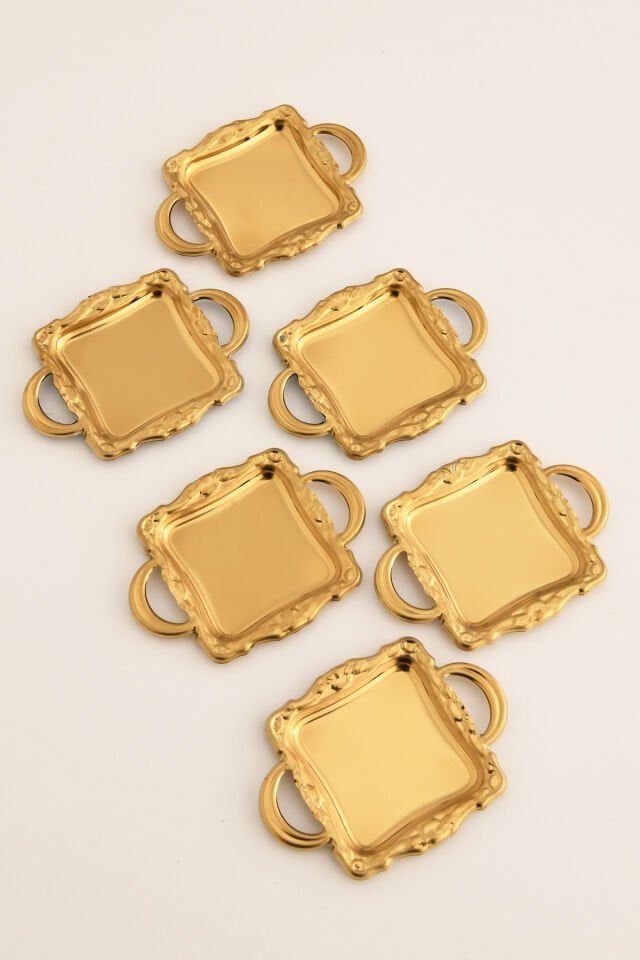 Tados 6 Parça Kahve Yanı Sunumluk Gold Kare Sunum Tabağı Sofra Takımı İkram Misafir Servis