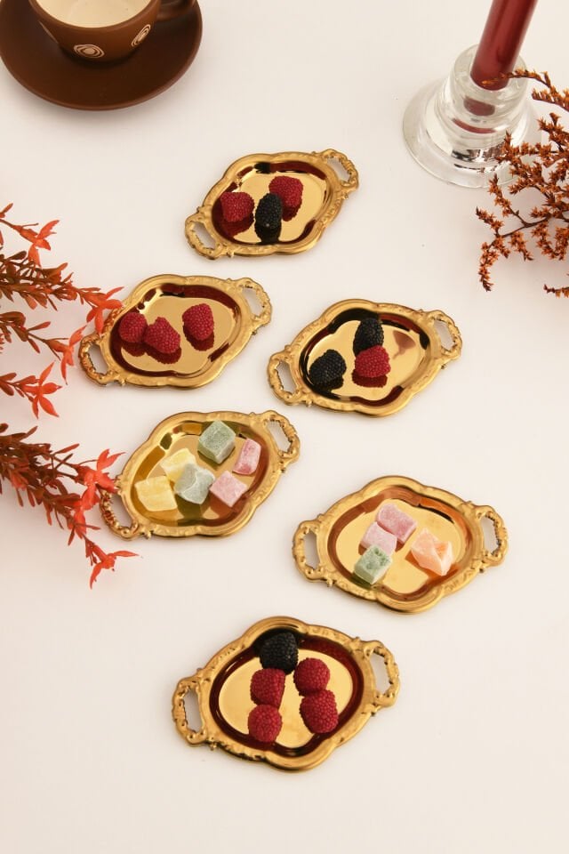 Enzi 6 Parça Kahve Yanı Sunumluk Kulplu Oval Minimal Sunum Tabağı Sofra Takımı İkram Misafir Servis