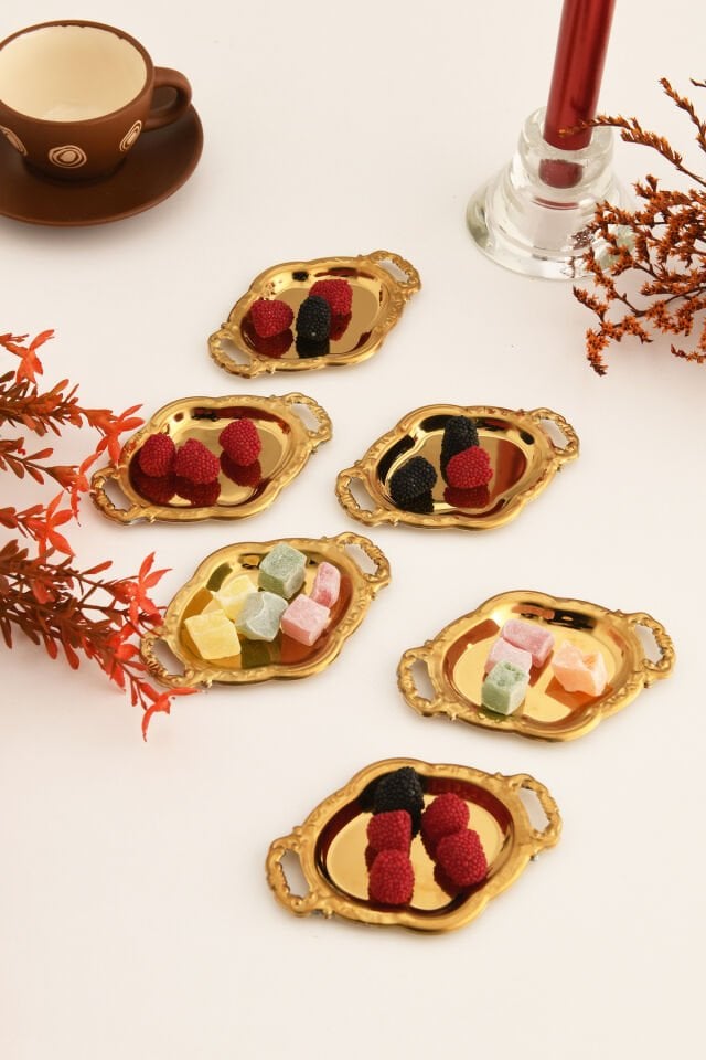 Enzi 6 Parça Kahve Yanı Sunumluk Kulplu Oval Minimal Sunum Tabağı Sofra Takımı İkram Misafir Servis