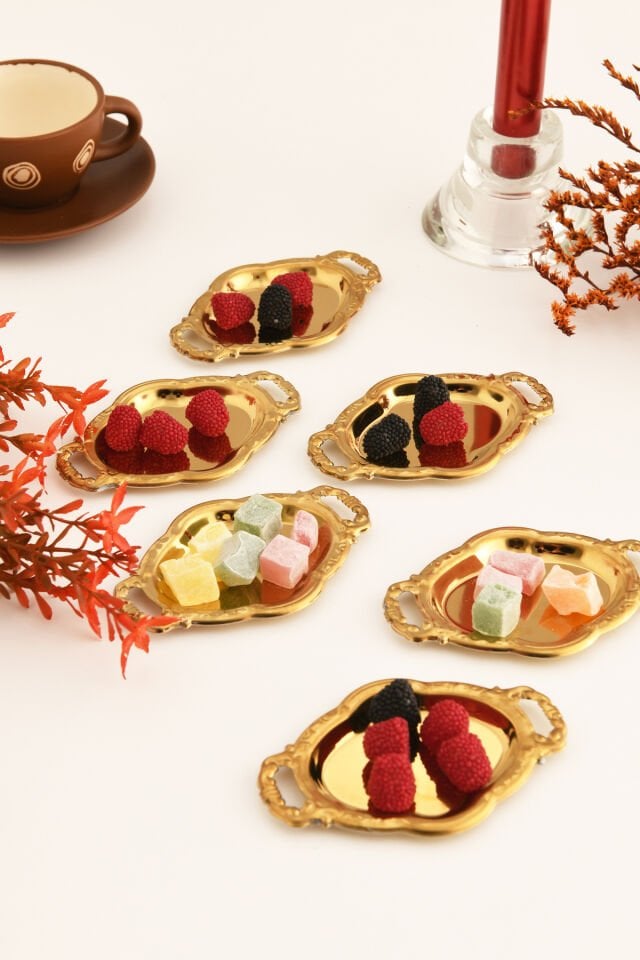 Enzi 6 Parça Kahve Yanı Sunumluk Kulplu Oval Minimal Sunum Tabağı Sofra Takımı İkram Misafir Servis