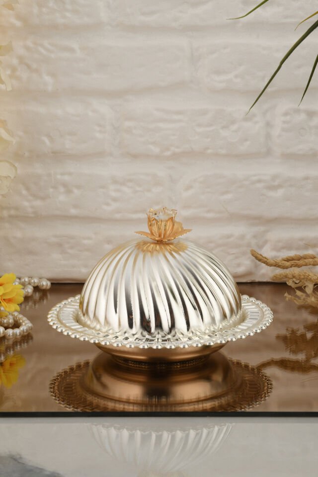 Asto Şekerlik Gümüş Kristal Detaylı Kapaklı Zarif Şık Sunum Tabağı Sofra Takımı İkram Misafir