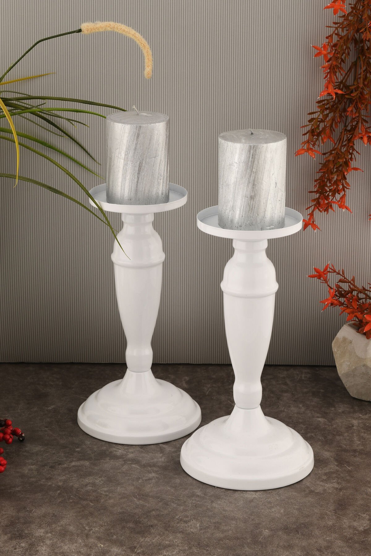 Stefano Beyaz Mumluk Dekoratif Şamdan Düz Taban Paslanmaz Kaplama Modern Mum Tutacağı