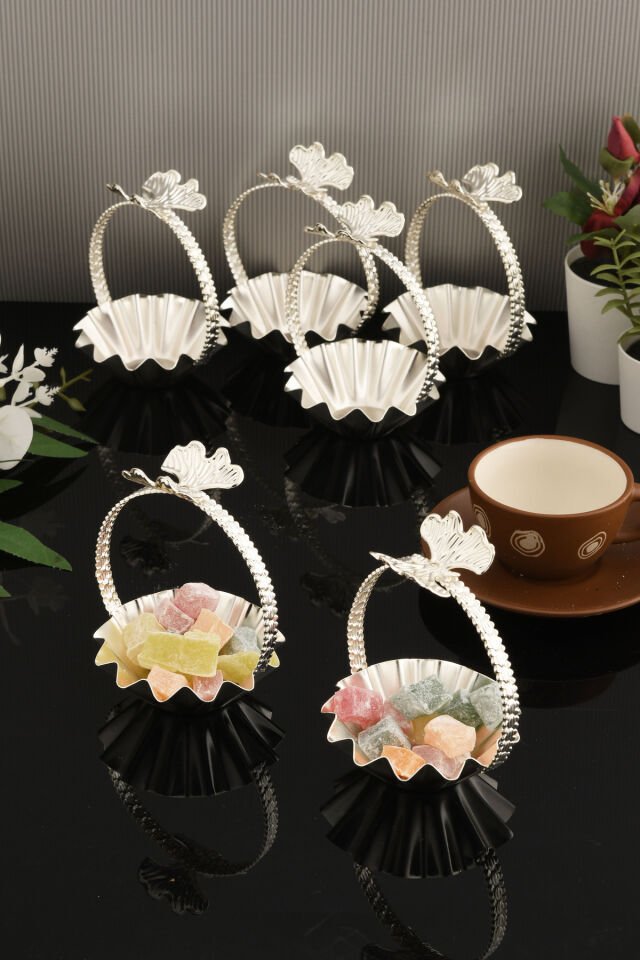 Teris's-DK Gümüş 6'lı Set Şekerlik Lokumluk Çerezlik Sunumluk Dekoratif Kulplu Kase