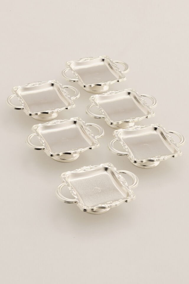 Giallo'S Gümüş 6'lı Set Şekerlik Lokumluk Çerezlik Kahve Yanı Sunumluk Dekoratif Kulplu Kare Kase