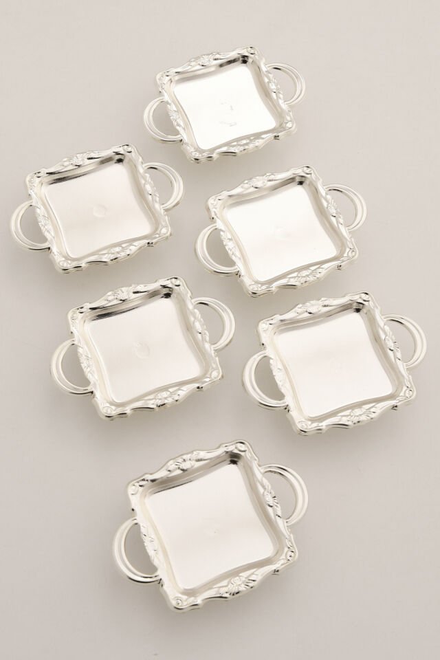 Giallo'S Gümüş 6'lı Set Şekerlik Lokumluk Çerezlik Kahve Yanı Sunumluk Dekoratif Kulplu Kare Kase