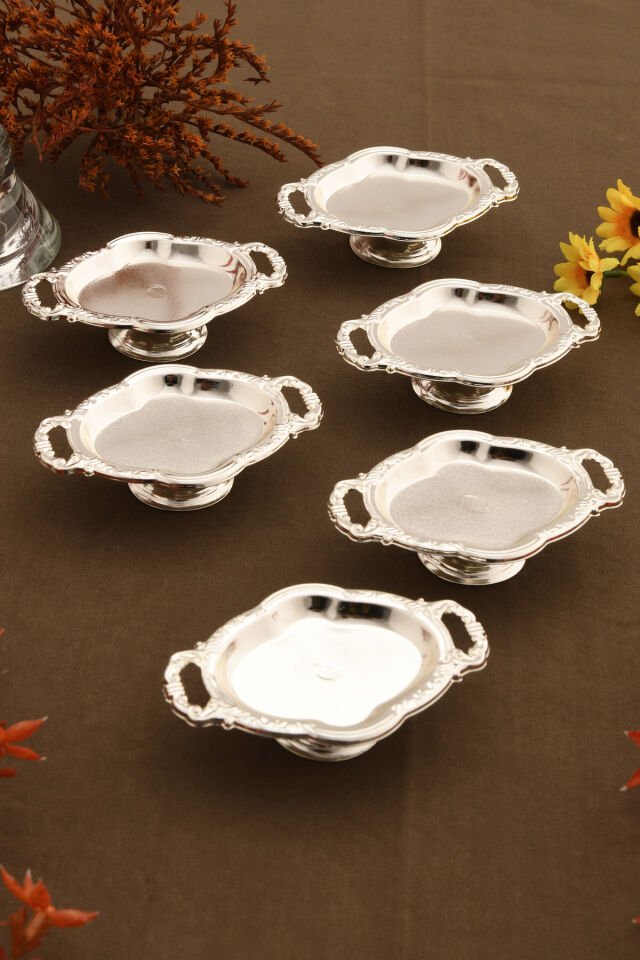 Viola'S Gümüş 6'lı Set Şekerlik Lokumluk Çerezlik Kahve Yanı Sunumluk Dekoratif Kulplu Kase