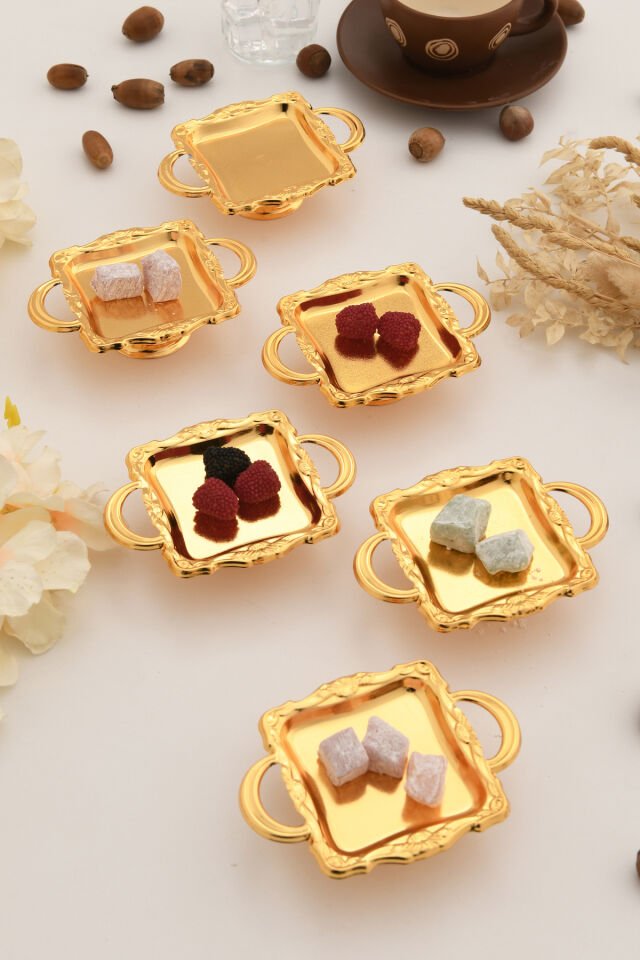 Giallo'S Gold 6'lı Set Şekerlik Lokumluk Çerezlik Kahve Yanı Sunumluk Dekoratif Kulplu Kare Kase