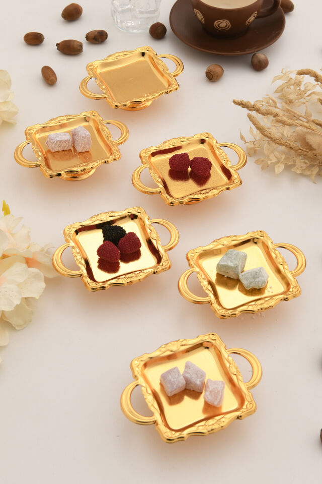 Giallo'S Gold 6'lı Set Şekerlik Lokumluk Çerezlik Kahve Yanı Sunumluk Dekoratif Kulplu Kare Kase
