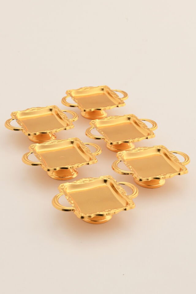 Giallo'S Gold 6'lı Set Şekerlik Lokumluk Çerezlik Kahve Yanı Sunumluk Dekoratif Kulplu Kare Kase