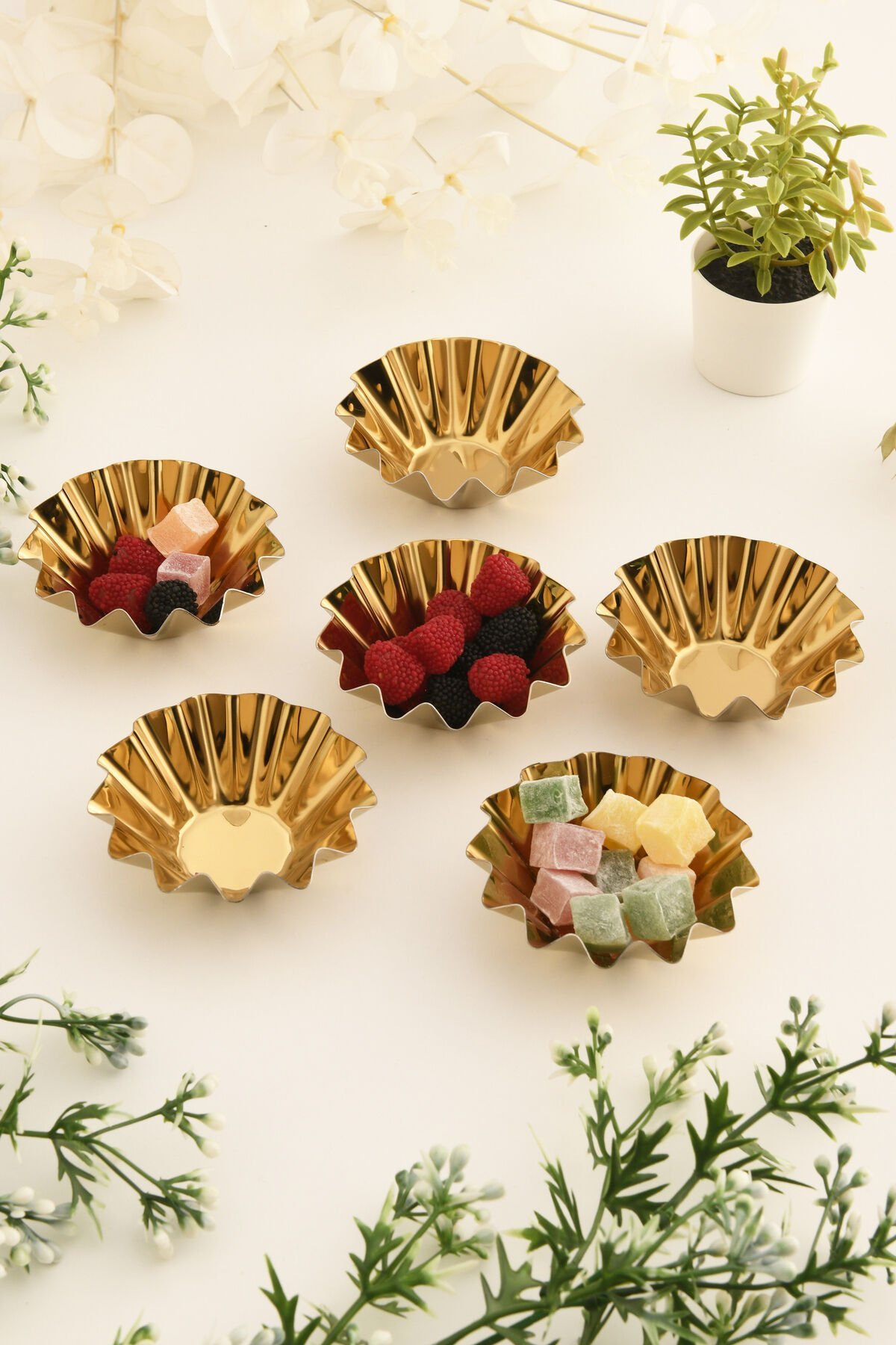 Piet'S Gold 6'lı Set Şekerlik Lokumluk Çerezlik Kahve Yanı Sunumluk Dekoratif Tırtıklı Kase