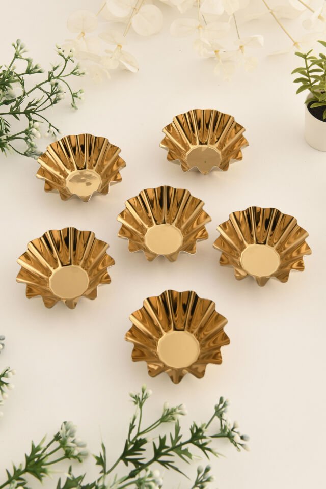 Piet'S Gold 6'lı Set Şekerlik Lokumluk Çerezlik Kahve Yanı Sunumluk Dekoratif Tırtıklı Kase