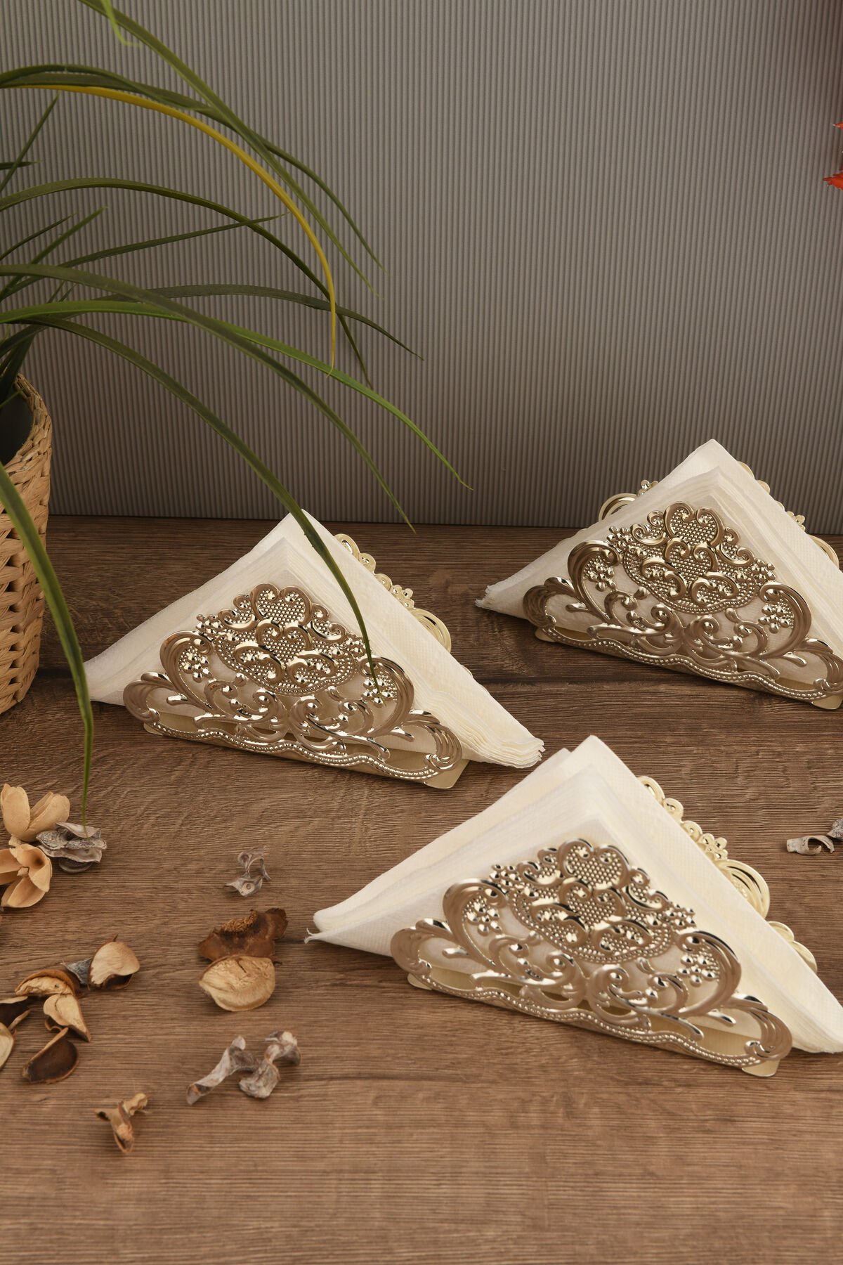 Joven Lüks Peçetelik 3 Lü Takim Gümüş