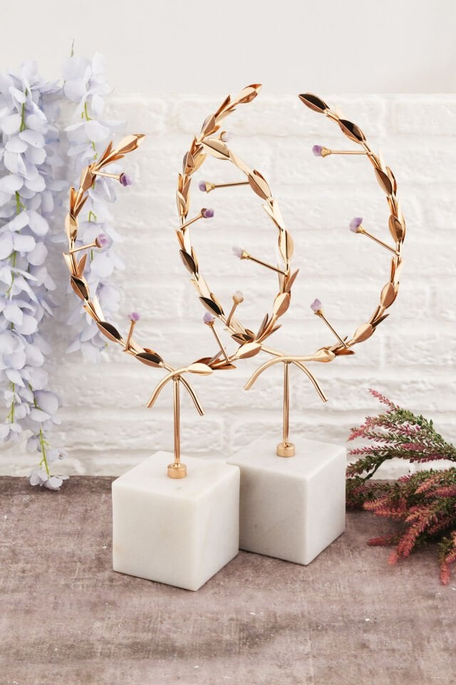 Lior 2 Li Dekoratif Mermer Ayaklı Dal Hilal Obje Gold