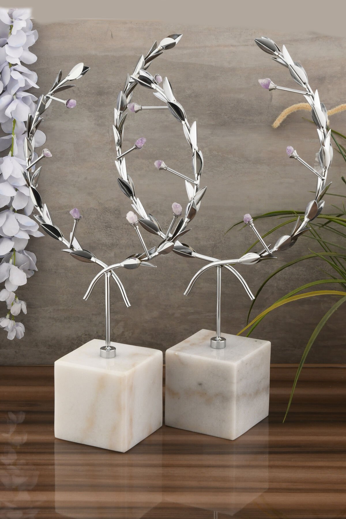 Lior 2 Li Dekoratif Mermer Ayaklı Dal Hilal Obje Krom