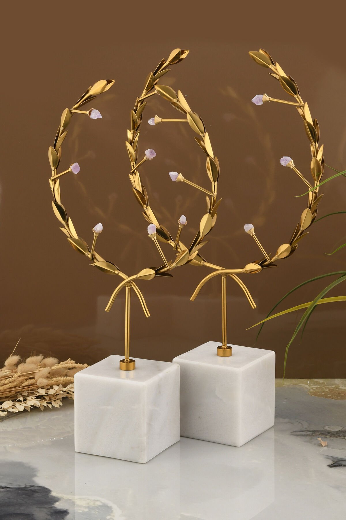 Lior Dekoratif Mermer Ayaklı Dal Hilal Obje Eskitme