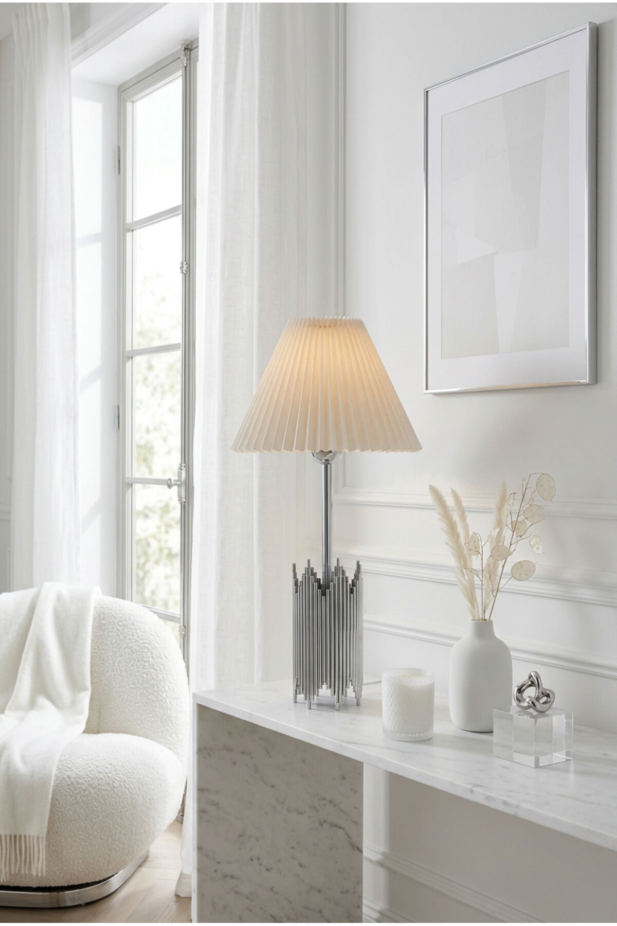 Yelena Modern Gümüş Dekoratif Abajur Pileli Başlık Premium Masa Lambası