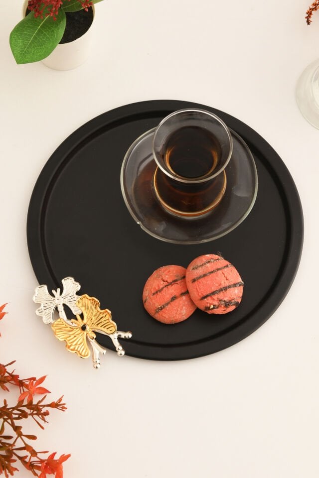 Alven Kelebek Detaylı Yuvarlak Dekoratif Sunum Tepsisi Siyah 1 Adet