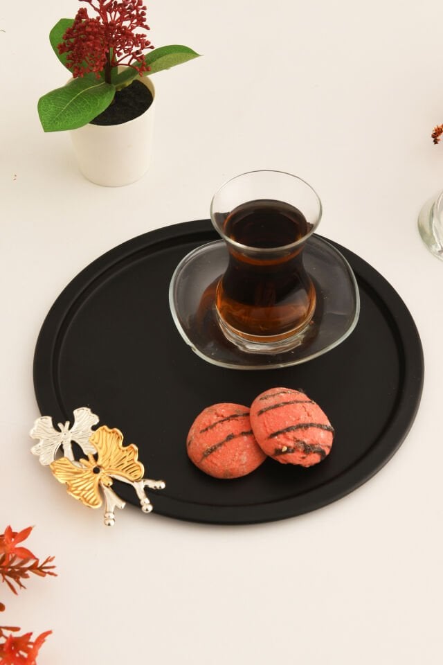 Alven Kelebek Detaylı Yuvarlak Dekoratif Sunum Tepsisi Siyah 1 Adet