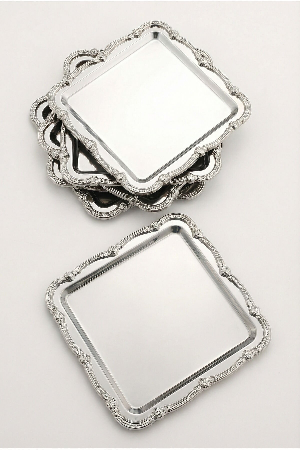 Daztek Gümüş 6'lı Paslanmaz Çelik Gümüş Çerçeve Kahve Sunum Tepsisi Servis Dekoratif Tepsi