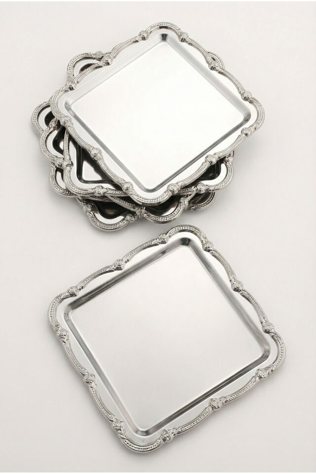 Daztek Gümüş 6'lı Paslanmaz Çelik Gümüş Çerçeve Kahve Sunum Tepsisi Servis Dekoratif Tepsi