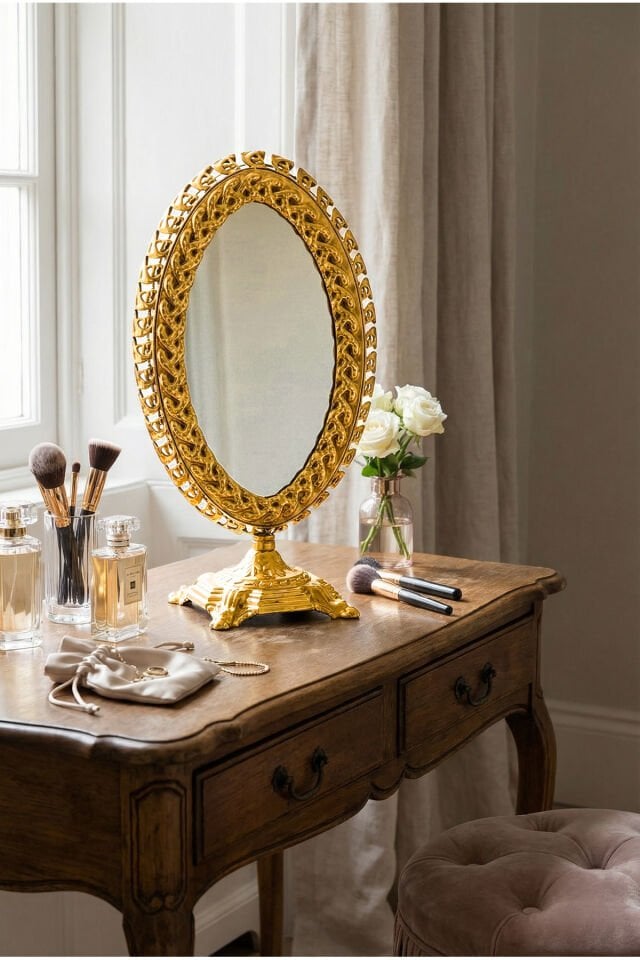 Openda Gold El Aynası Masa Aynası Makyaj Aynası Ayarlanabilir Oval Paslanmaz Çelik Lüks