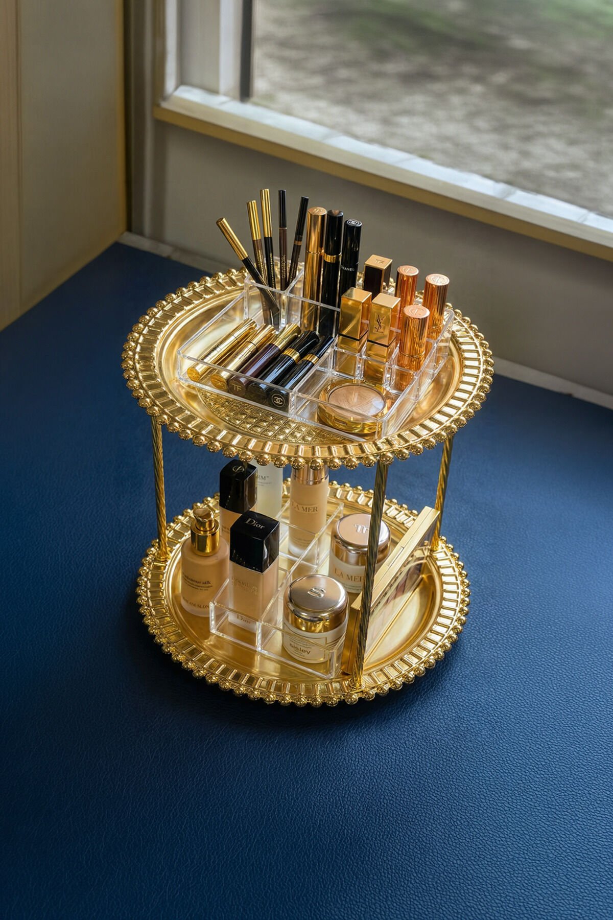 Foviva Gold Kozmetik Takı Düzenleyici Çok Amaçlı Yuvarlak Organizer 2 Katlı Makyaj Organizeri