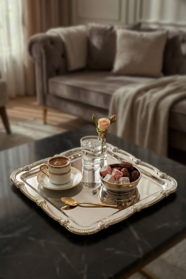 Daztek Gümüş Paslanmaz Çelik Gümüş Çerçeve Kahve Sunum Tepsisi Servis Dekoratif Tepsi