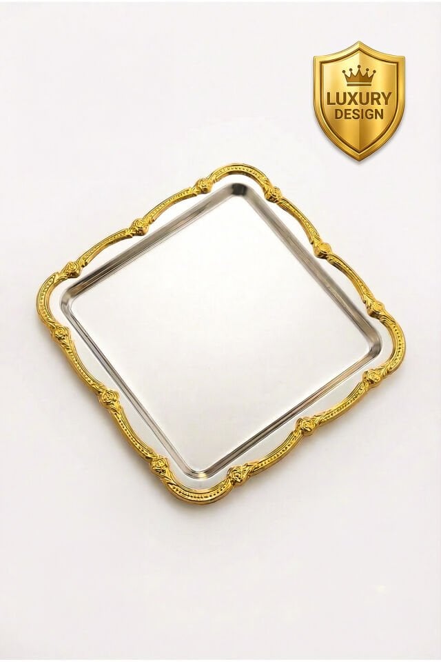 Daztek Gümüş Paslanmaz Çelik Gold Çerçeve Kahve Sunum Tepsisi Servis Dekoratif Tepsi