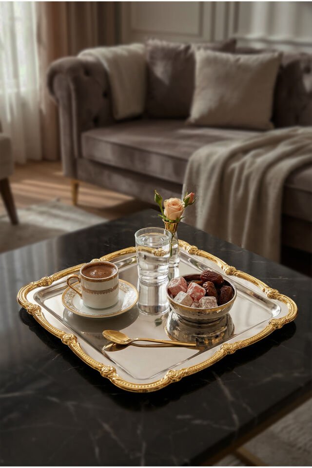 Daztek Gümüş Paslanmaz Çelik Gold Çerçeve Kahve Sunum Tepsisi Servis Dekoratif Tepsi