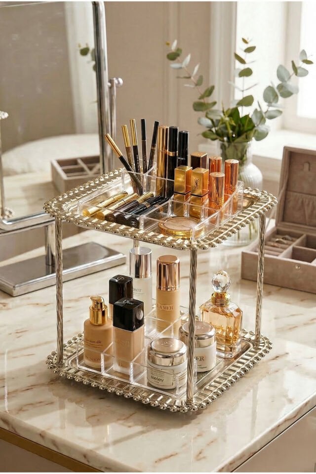 Loviva Gümüş Kozmetik Takı Düzenleyici Çok Amaçlı Organizer 2 Katlı Makyaj Organizeri