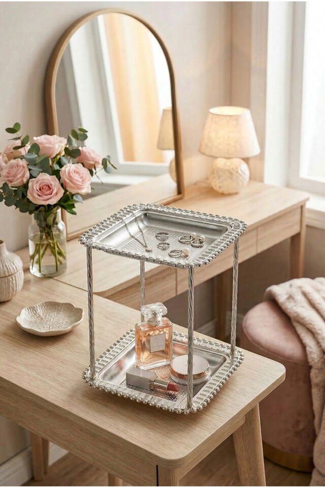 Loviva Gümüş Kozmetik Takı Düzenleyici Çok Amaçlı Organizer 2 Katlı Makyaj Organizeri