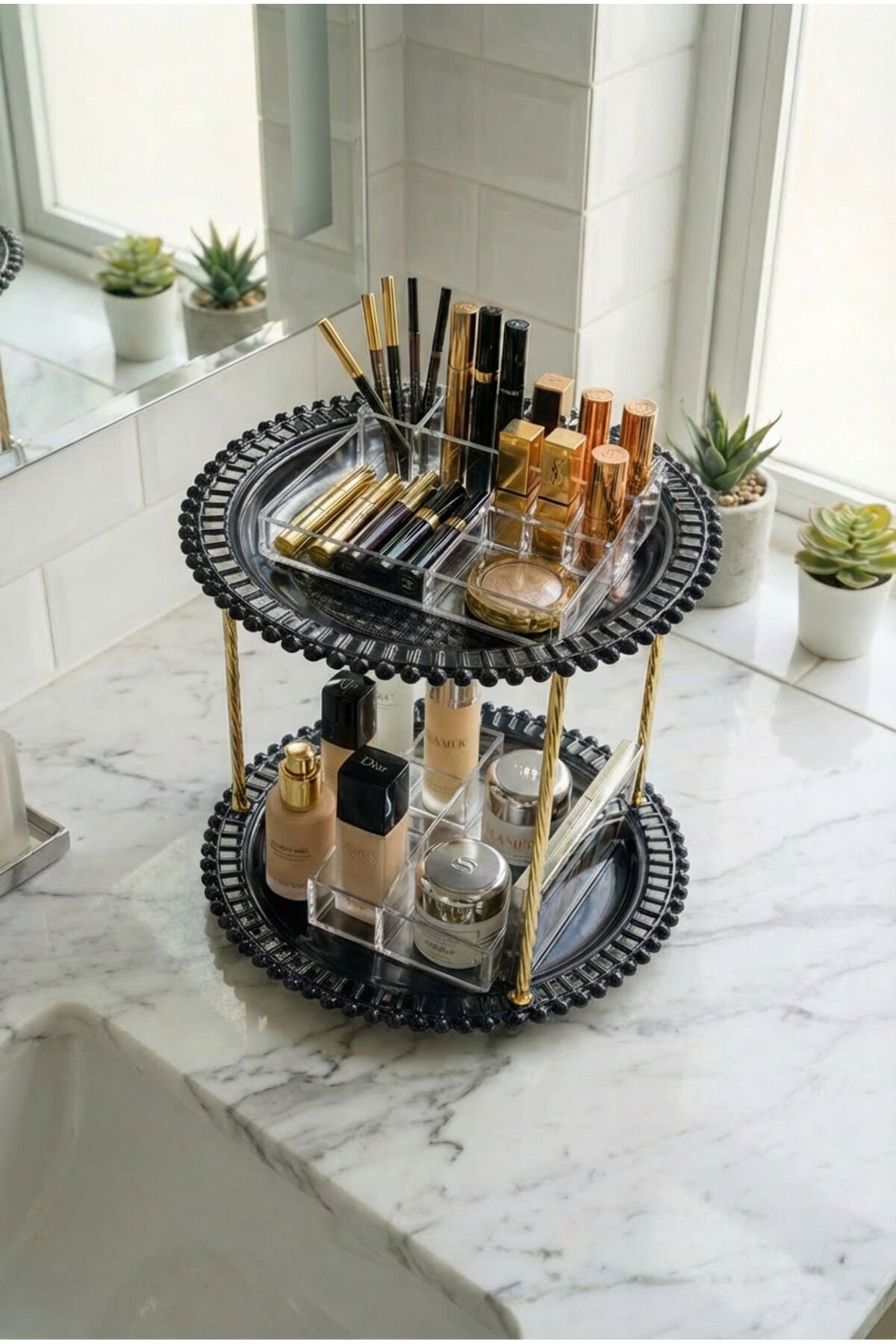 Foviva Siyah Kozmetik Takı Düzenleyici Çok Amaçlı Yuvarlak Organizer 2 Katlı Makyaj Organizeri